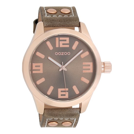 OOZOO Timepieces - Rosé goudkleurige horloge met taupe leren band - C1158