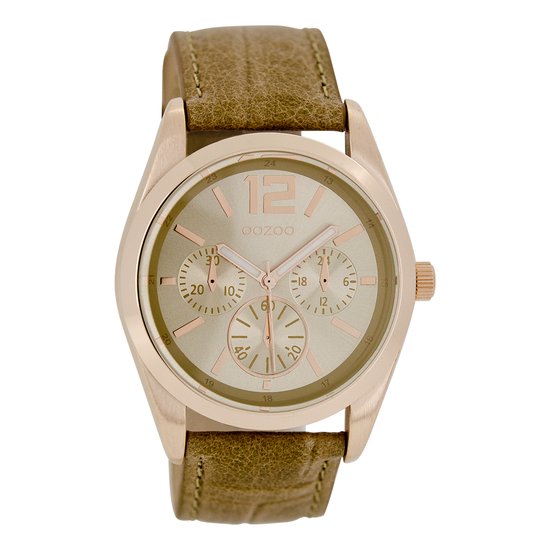 OOZOO Timepieces - Rosé goudkleurige horloge met camel leren band - C7622