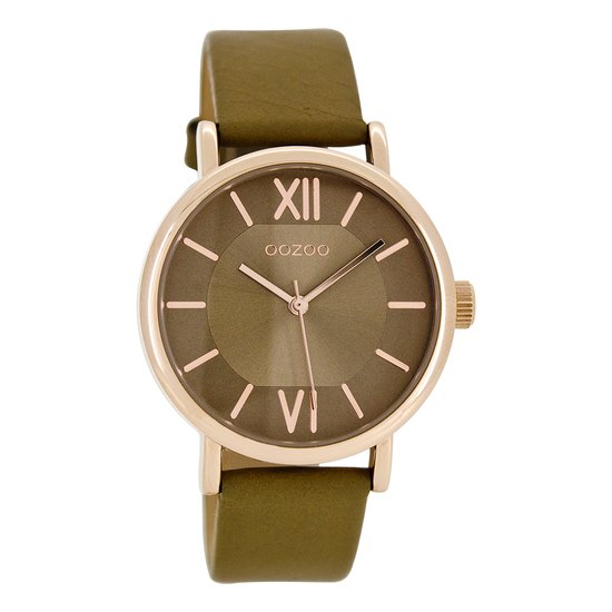 OOZOO Timepieces - Rosé goudkleurige horloge met beige leren band - C8321