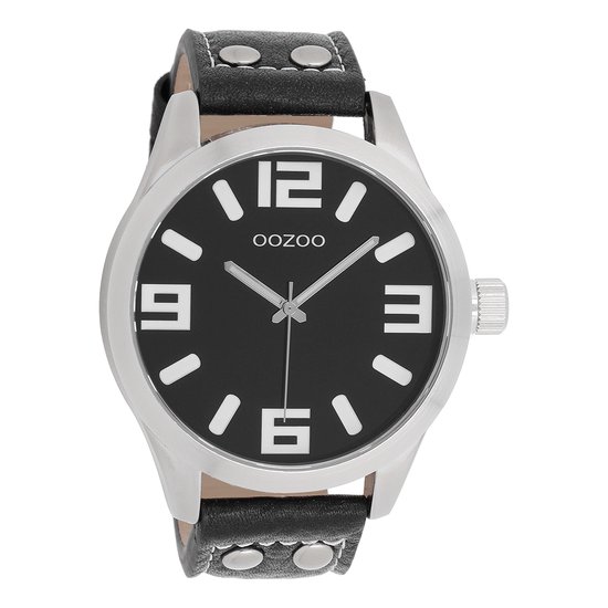 OOZOO Timepieces - Zilverkleurige horloge met zwarte leren band - C1004