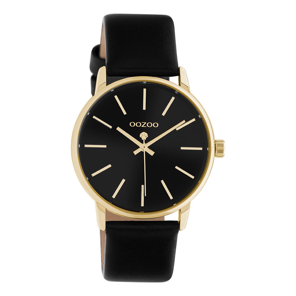 OOZOO Timepieces - Goudkleurige horloge met zwarte leren band - C10840