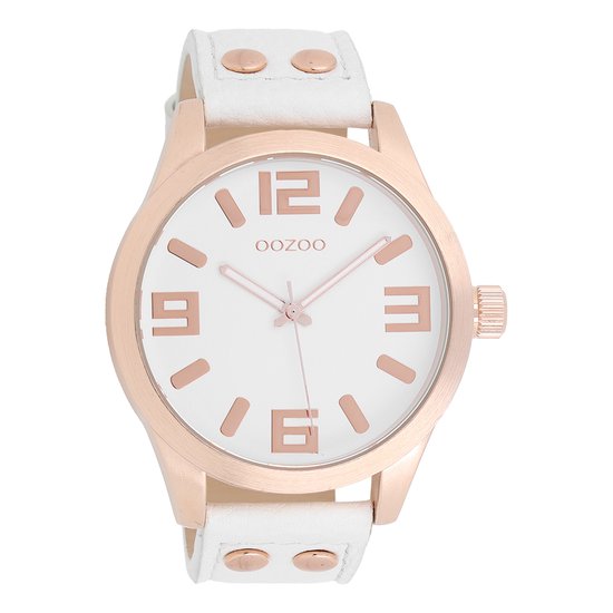 OOZOO Timepieces - Rosé goudkleurige horloge met witte leren band - C1150