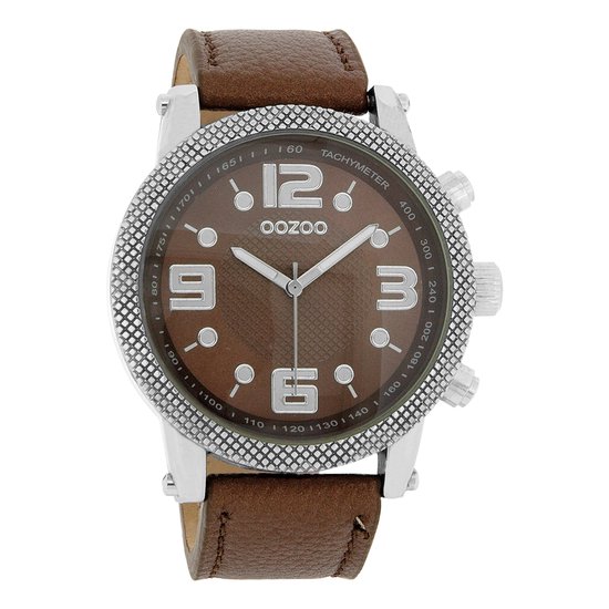 OOZOO Timepieces - Zilverkleurige horloge met donker bruine leren band - C3132