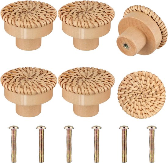 Boutons d'armoire Bois & Rotin - 6x - Bouton de meubles pour tiroirs et portes - Bouton 30MM - Fixations pour meuble/ Poignée Ronde - BOHO
