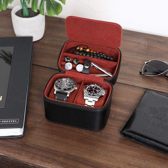 2-horloge Travel Case Storage Organizer - Stoere draagbare bescherming w/rits voor horloges tot 50 mm - zwart/rood