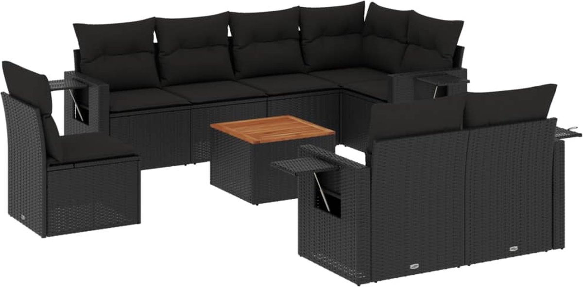 vidaXL 9-delige - Loungeset - met - kussens - poly - rattan - zwart