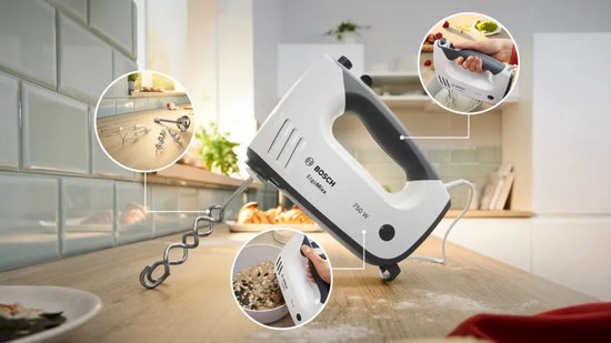 Wit Bosch ErgoMixx handmixer met 750W vermogen. Wordt getoond op een houten aanrecht.