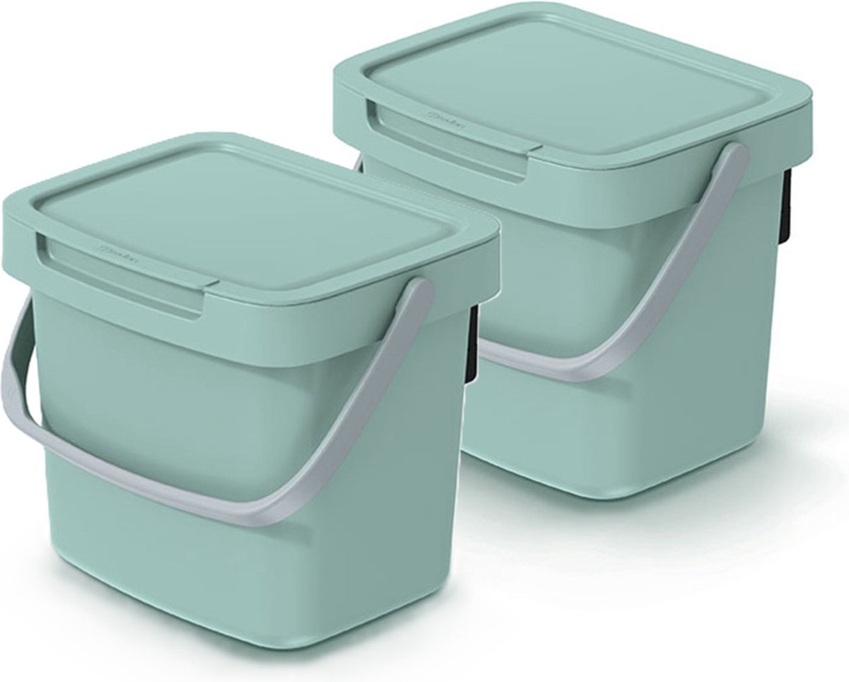 Goedkoopste Keden GFT aanrecht afvalbak - 2x - mintgroen - 3L - afsluitbaar - 19 x 17 x 15 cm - klepje/hengsel - afval scheiden