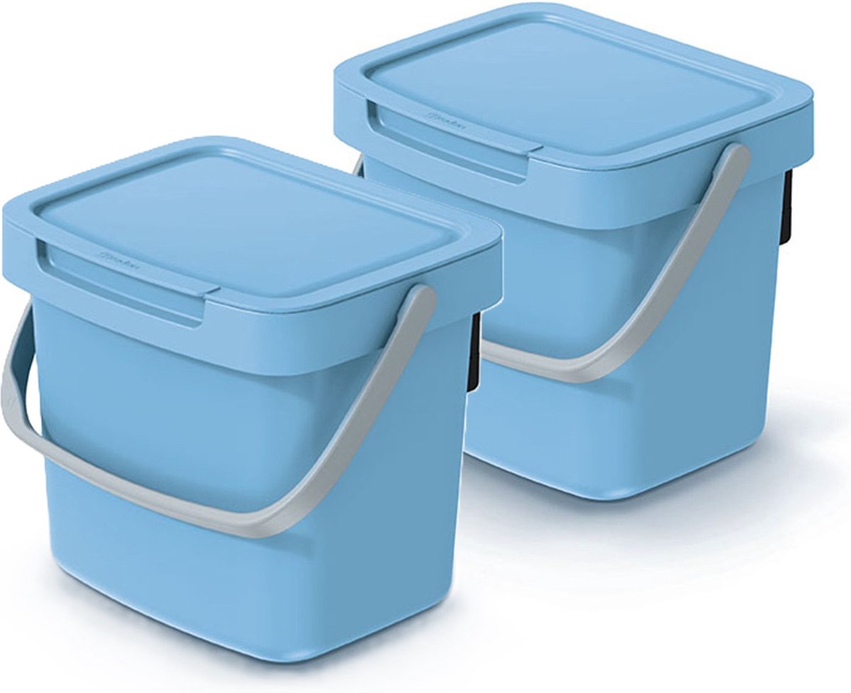Goedkoopste Keden GFT aanrecht afvalbak - 2x - lichtblauw - 3L - afsluitbaar - 19 x 17 x 15 cm - klepje/hengsel - afval scheiden
