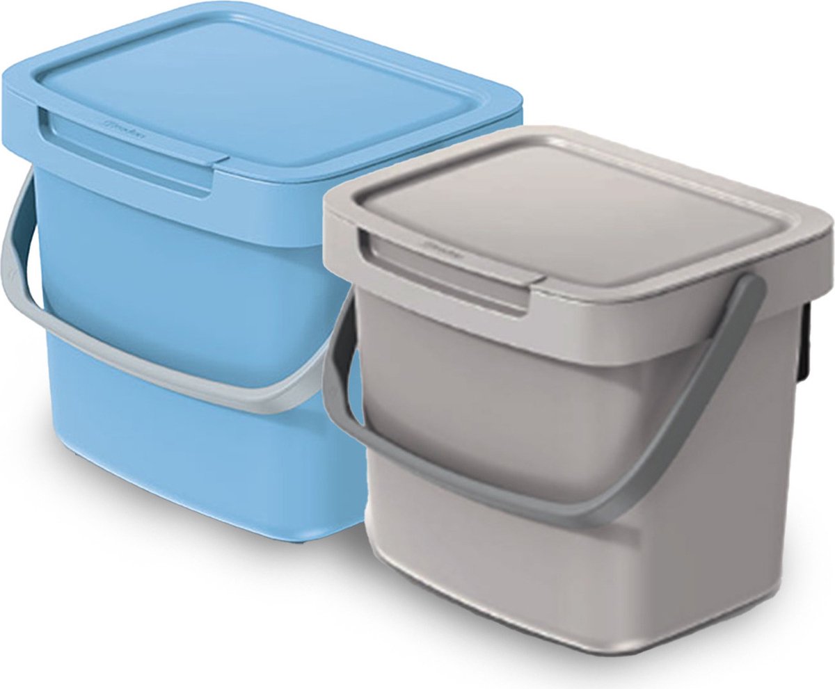 Goedkoopste Keden GFT aanrecht afvalbakjes set - 2x - beige/lichtblauw - 3L - 19 x 17 x 15 cm - klepje/hengsel