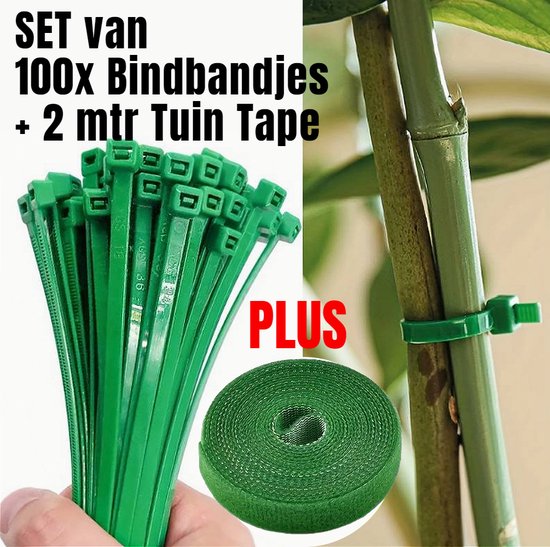 Foto: Allernieuwste nl set 100 stuks kabelbinders tuinieren planten band binders bindbandjes plantenclips tuin plus 2 meter planten tape 100 stuks 20 cm 2 mtr tuin tape groen 