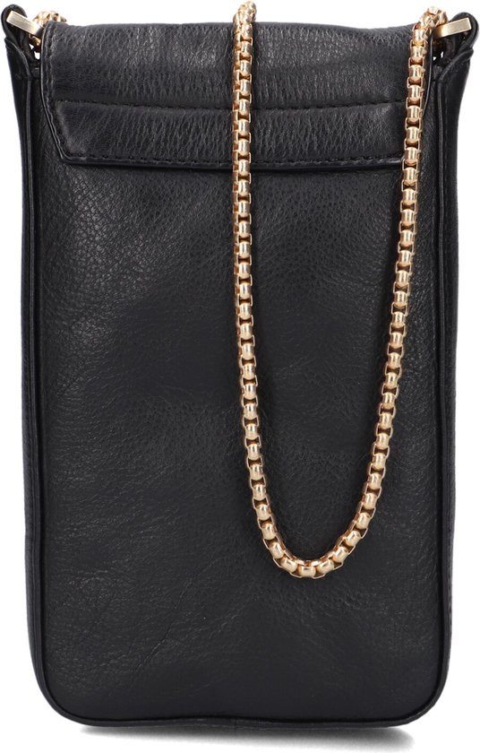 Zwarte, verticale lederen tas met een dikke gouden schakelketting.
