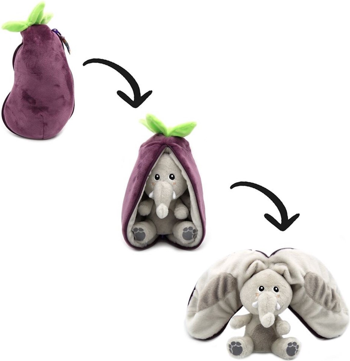 Flipetz - 2-in-1 Knuffel - Velvet de Olifant / Aubergine - 13 x 10 x 24 cm - Les Déglingos