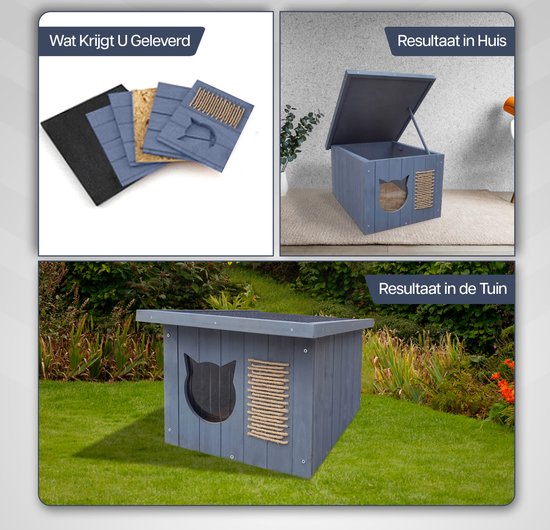 Grijze kattenren gepresenteerd als product en in een huis en tuin. Bevat onderdelen, de huisje is geïsoleerd en weerbestendig.