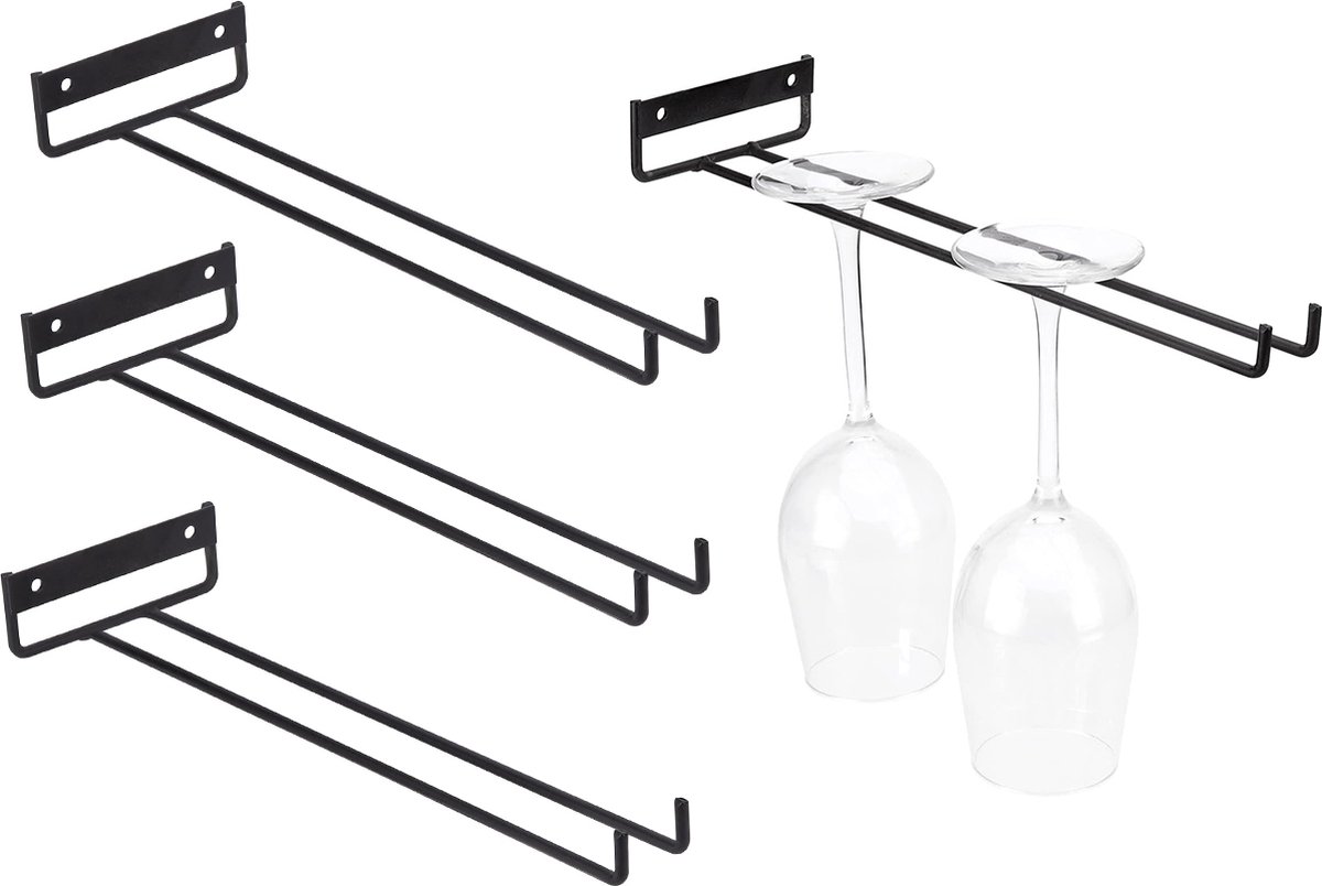 Wijnglazenhouder 4 stuks Wijnglazenrek Ophangrek Wijnglazen Glazenrek aan de muur Wijnrek 4 Flessen Wijn Accessoires Wijnrek Hangend voor Muur en Wand Wijnrek Hangend van Metaal