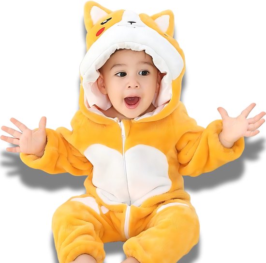 BoefieBoef Shiba Hond Dieren Onesie & Pyjama voor Baby en Dreumes - Kinder Verkleedkleding - Dieren Kostuum Pak - Geel