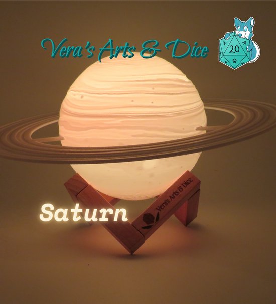 Saturnus met Ringen Lamp - Vera's Arts & Dice - 16 Verschillende Kleuren - Planeet Lampen - LED Lamp - Oplaadbaar Dimbaar Stroboscoop Effect Aanraak Gevoelig Afstandsbediening - 3D Print Handmade - Lampen Sfeerverlichting - Slaapkamer Woonkamer van Vera's Arts & Dice — afbeelding 3