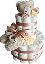 Luiertaart - bruine beer - bruine slofjes - pamper - 2 laags