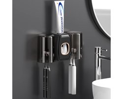 foto van Unclip® - Stijlvolle Zwarte Tandenborstelhouder met Tandpasta Dispenser en 2 Bekers – Ruimtebesparende Tandenborstel Organizer Muurmontage