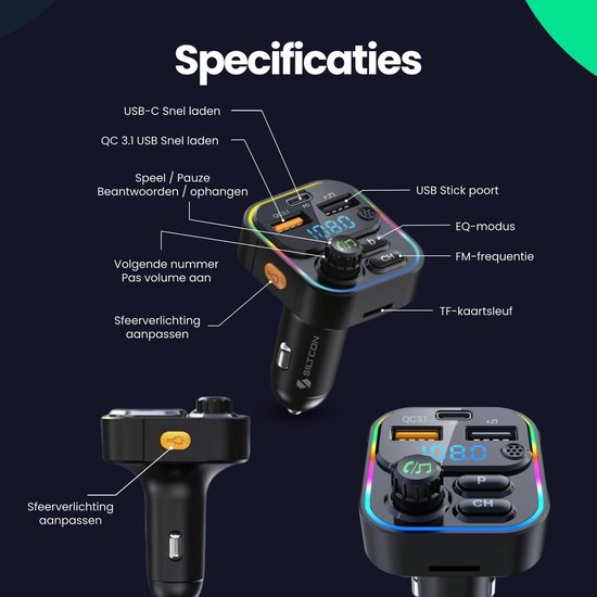 Siltcon® Bluetooth Transmitter – Fm Transmitter - Bluetooth Auto - USB-C lader 22.5W - Carkit - USB-A - SD Kaart - BT 5.3 - 2026 model