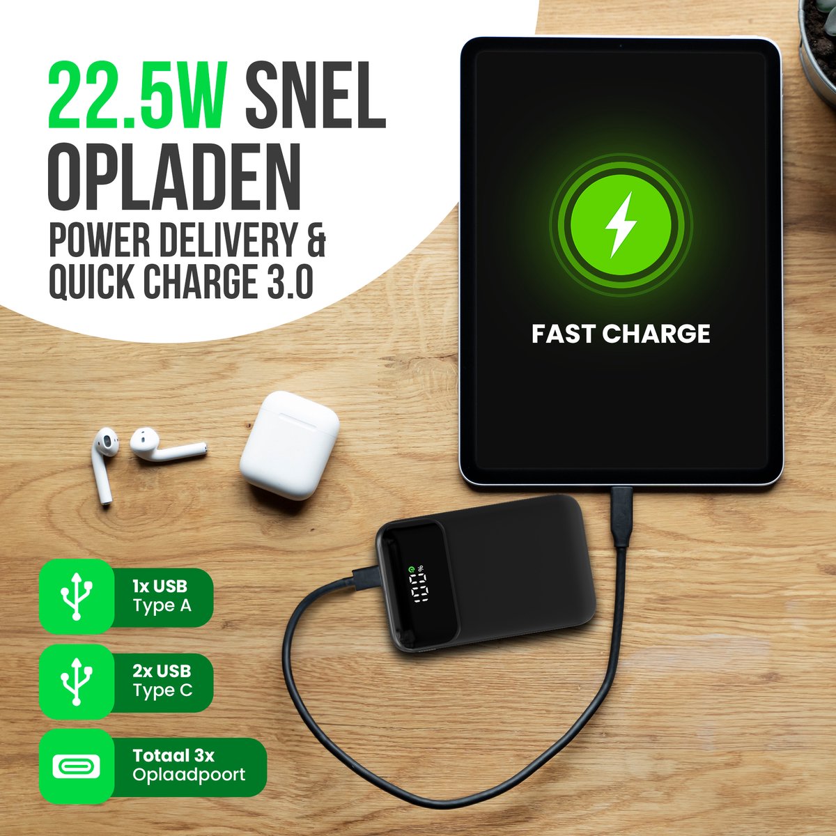 Afbeelding 3 van Strex Powerbank - 12.000 mAh - 22.5W Snellader - USB-A/USB-C - LED Indicatie - Universele Powerbank geschikt voor o.a. iOS/Android