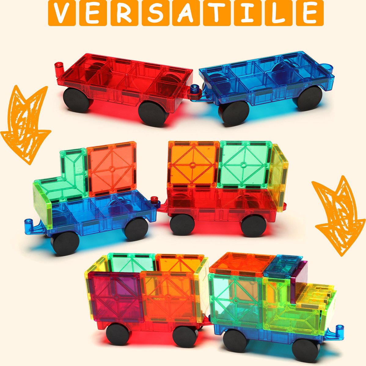 Magnetische tegels - 2 treindelen - auto - combineren mogelijk - Gemmicc - magnetic tiles - montessori - magnetic toys - magnetisch speelgoed - bouw je eigen magna wereld - Magneet speelgoed — afbeelding 4