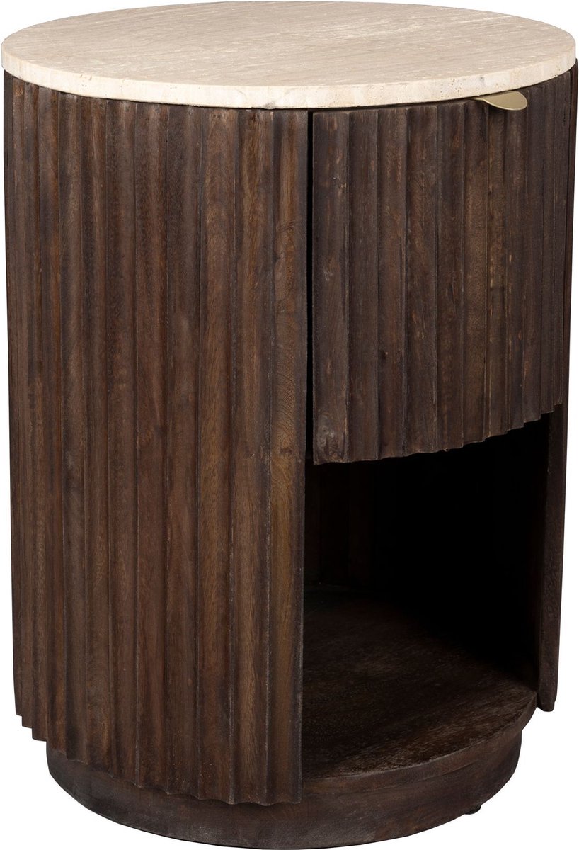 Dutchbone Marlow Bijzettafel/Nachtkastje Rond 45 cm Travertin/ Hout - Bruin