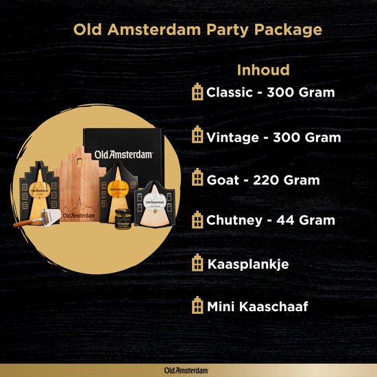 Old Amsterdam Party Package – Kaaspakket met 3 Kazen, Borrelplank & Kaasschaaf – Borrelpakket – Cadeaupakket