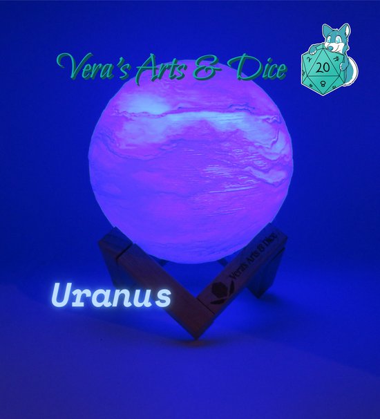Uranus Lamp - Vera's Arts & Dice - 16 Verschillende Kleuren - Planeet Lampen - LED Lamp - Oplaadbaar Dimbaar Stroboscoop Effect Mogelijk Aanraak Gevoelig Afstandsbediening - 3D Print Handmade - Lampen Sfeerverlichting - Slaapkamer Woonkamer van Vera's Arts & Dice — afbeelding 3