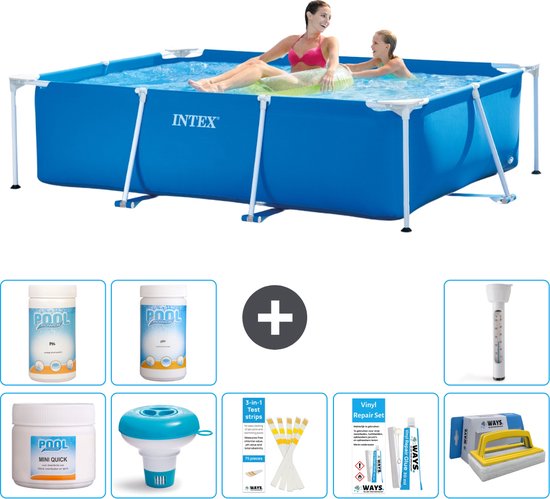 Intex rechthoekig frame zwembad met accessoires: chloortabletten, chloordrijver, teststrips, reparatieset, scrubborstel, thermometer.