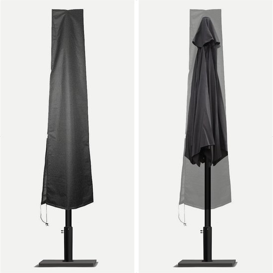 Twee afbeeldingen van een zwarte parasolhoes; één gesloten en één om een gesloten parasol.