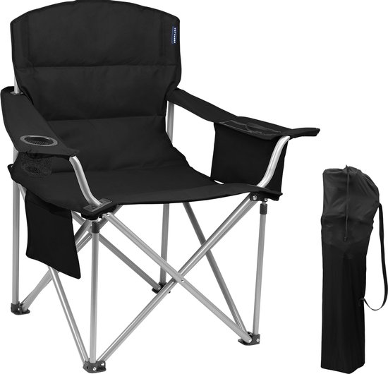 TRVLMORE Campingstoel - Opvouwbaar - Comfortabele Vouwstoel - 150 kg draagvermogen - Drankhouder - Koelvak - Zijvak - Zwart