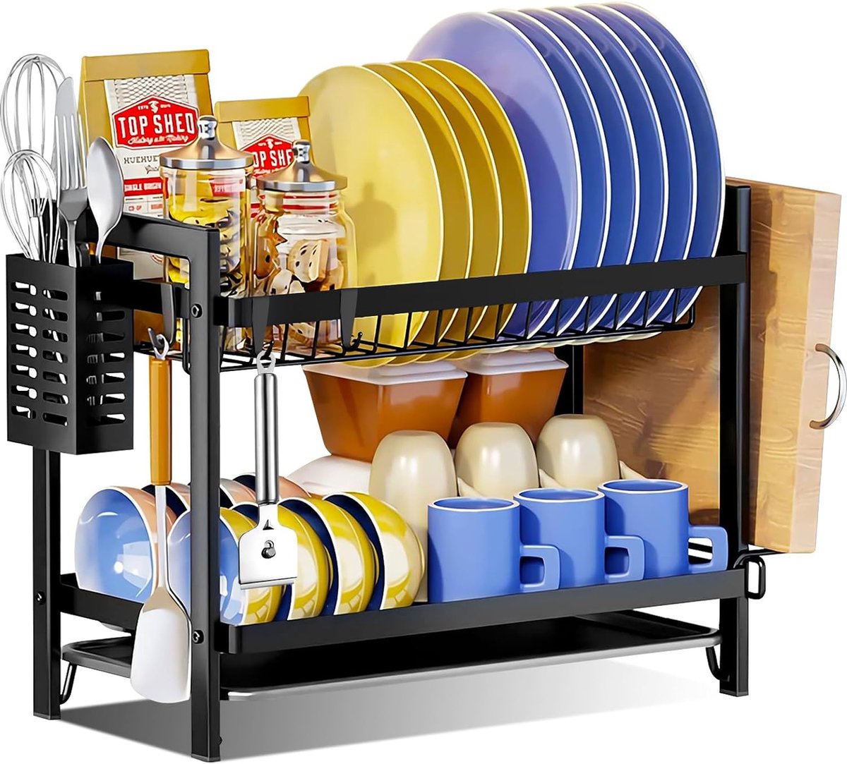 Goedkoopste Afdruiprek, 2-laags afdruiprek van roestvrij staal, afdruiprek met grote capaciteit, afdruiprek met snijplankhouder Gebruiksvoorwerphouder Lekbak en haken, Zwart