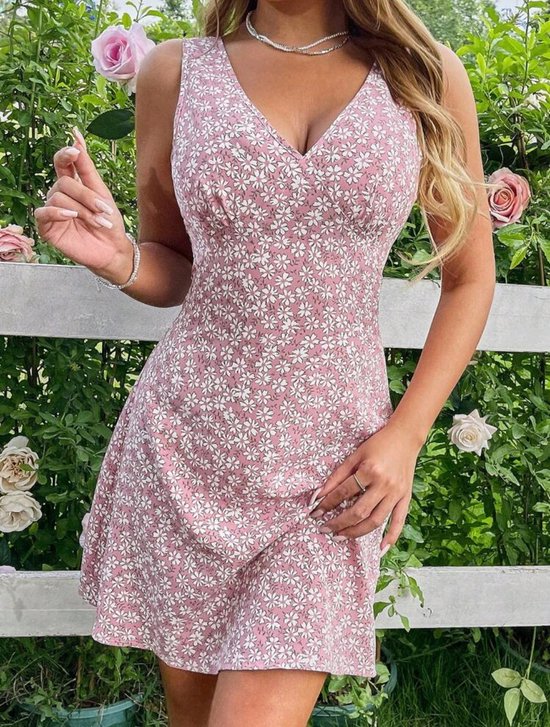 Sexy elegante lichtroze korte zomerjurk jurk met bloemen maat M