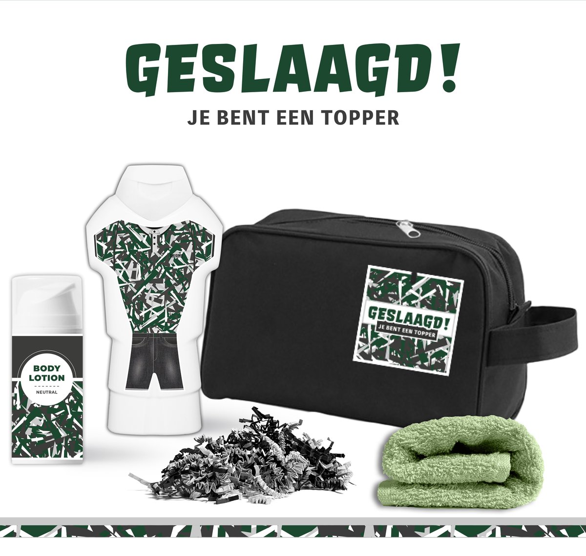 Goedkoopste Geschenkset Geslaagd, je bent een topper! - 4 Producten - 450 Gram | Toilettas zwart - Douchegel Dennen - Cadeau Pakket voor hem - Man - Jongen - Giftset - Geschenkset - Feestje Gefeliciteerd - Geslaagd Diploma Rijbewijs - Gift Set Cadeautje Groen