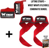 Thor Athletics Lifting Straps + Wrist Wraps 60cm (Flexibel) - Combinatie Bundel - Krachttraining Accessoires - Powerlifting Straps - Polsbrace - Rood - Inclusief E-Book