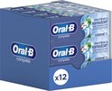 Doos met twaalf Oral-B Complete Plus tandpasta tubes, met munten en water.