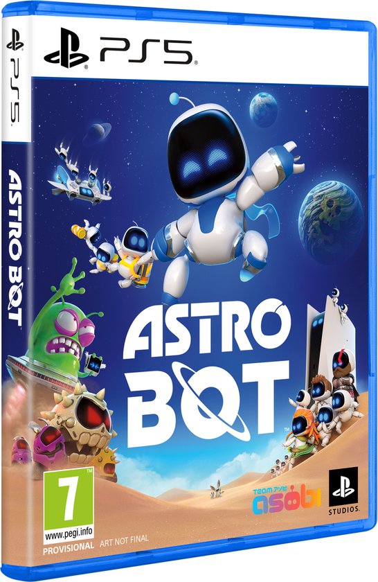Cover van de Astro Bot PS5 game. Een kleine blauw-witte robot zweeft in de ruimte met planeten en ruimteschepen.