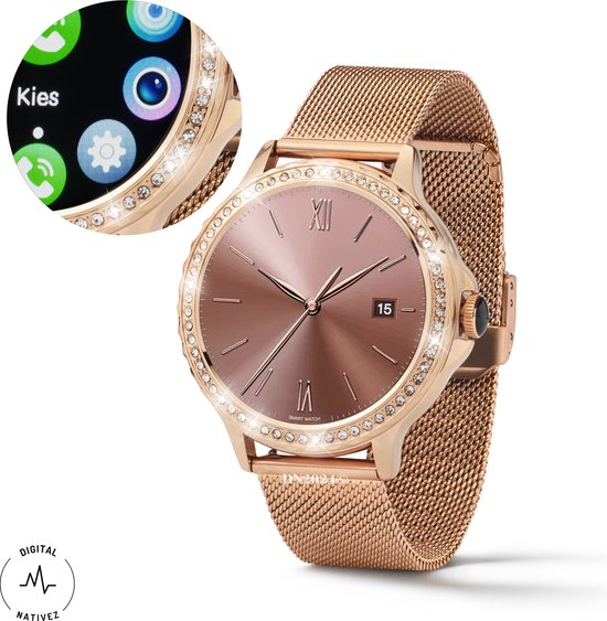 Foto: Digital nativez dames smartwatch horloge rosegoud met echte zirkonia s incl extra makkelijk verstelbare horlogeband geschikt voor iphone en android met o a nl menu incl luxe giftbox kado