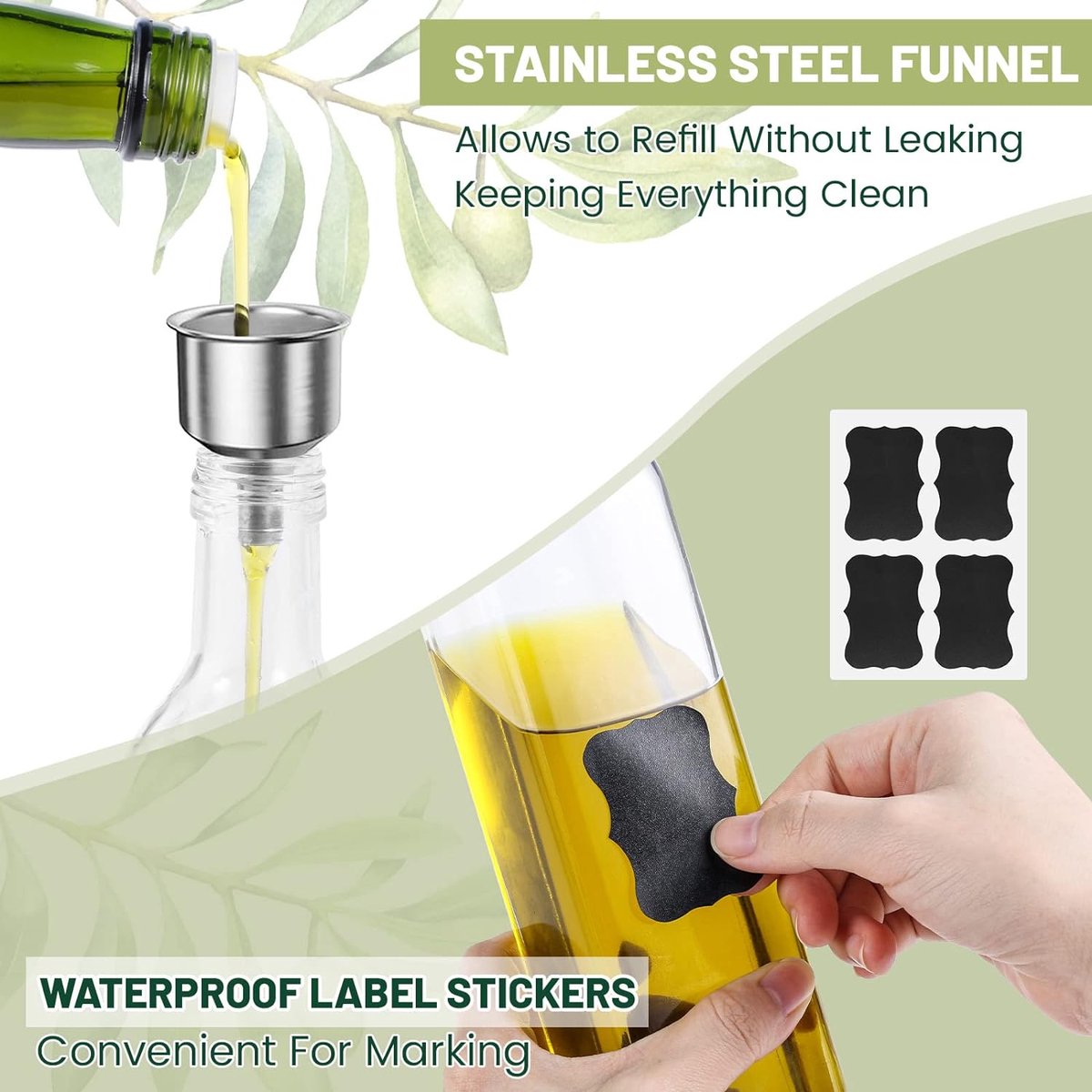 Skleptix 4-pack vierkante glazen olie-dispenser, zwarte keuken olijfolie fles met pruimvormige automatisch openende gietlip, olie- en azijn-dispenser set met siliconen trechter en 40 waterdichte Skleptix 4-pack vierkante glazen olie-dispenser, zwarte keuken olijfolie fles met pruimvormige automatisch openende gietlip, olie- en azijn-dispenser set met siliconen trechter en 40 waterdichte
