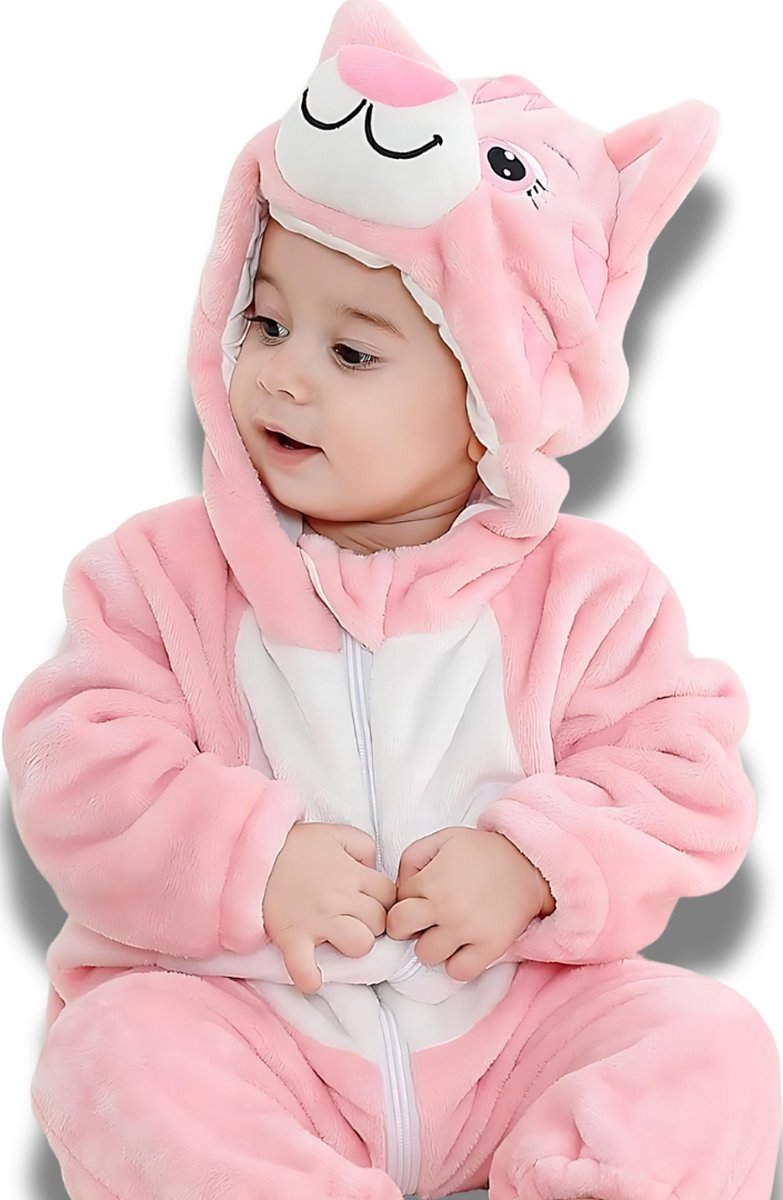 BoefieBoef Dieren Kleuter Onesie Peuter Pyjama Kinderen – Verkleedkleding met Luierrits – Carnaval Dierenpak - Kerst Cadeau- Zacht Flanel - Baby Romper - Boxpak - Jongens - Meisjes - Kruippak - Winterpak - Poes Roze Kat Cat — afbeelding 5