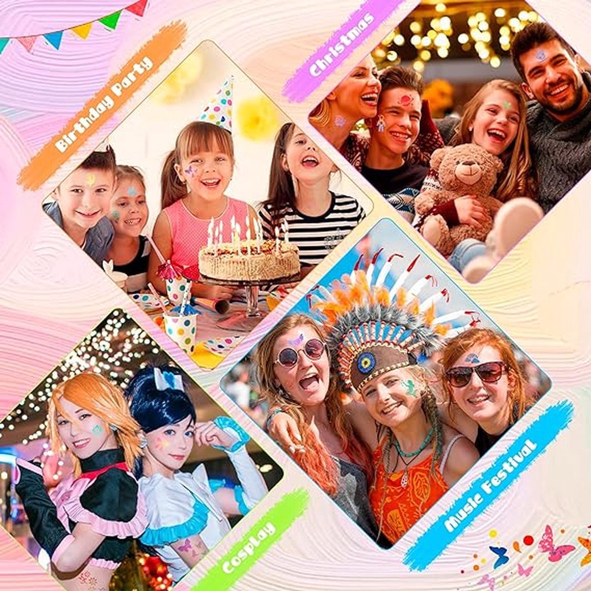 Schminkset Kinderen -Make up Kinderen - Grime Schmink palet - Kinderschmink Grimeren-20 kleuren & 3 penselen & 4 sjablonen & 2 haarkrijten & 3 glitters & 2 spons & 1 Rainbow Paint & 2 tattoostickers- veiligheidscertificering — afbeelding 5