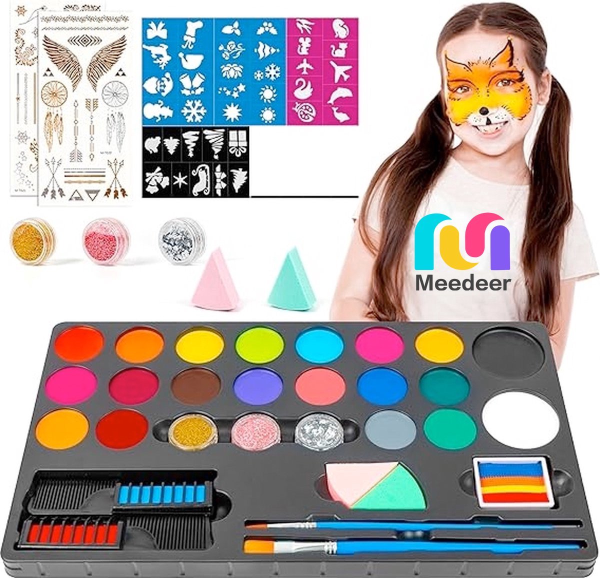 Schminkset Kinderen -Make up Kinderen - Grime Schmink palet - Kinderschmink Grimeren-20 kleuren & 3 penselen & 4 sjablonen & 2 haarkrijten & 3 glitters & 2 spons & 1 Rainbow Paint & 2 tattoostickers- veiligheidscertificering — afbeelding 6