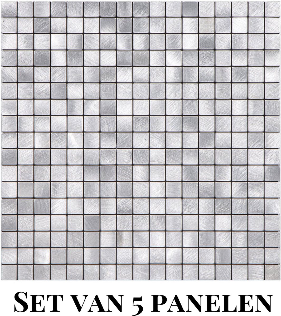 Wallways Wandpanelen - Plaktegels - Set van 5 Tegels - Tegelsticker - Zelfklevende Tegels - 4MM dik - Aluminium toplaag - Waterdicht - Krasbestendig - Hittebestendig - 3M Kleeflaag - Vierkant Zilver