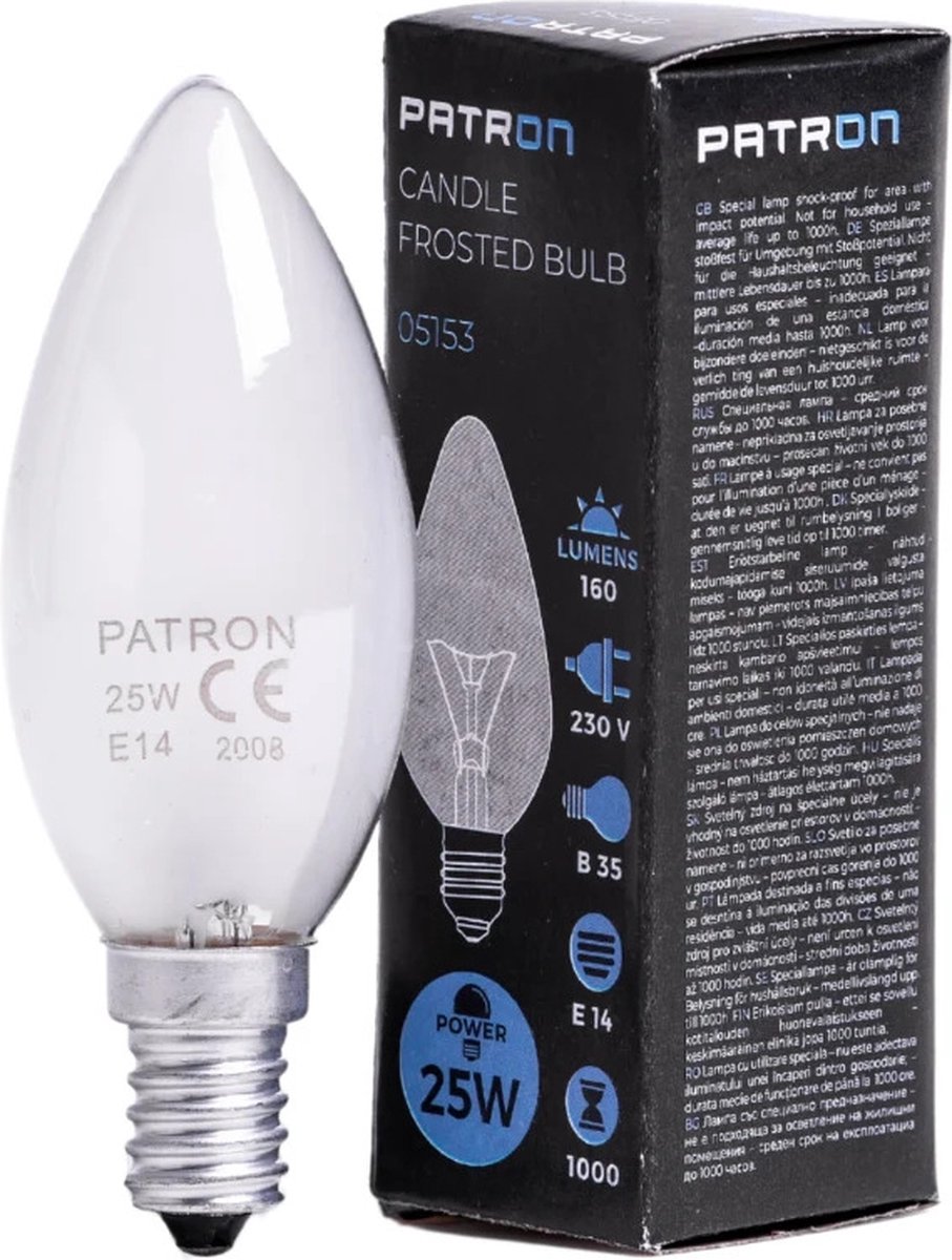 Patron E14 Kaars Gloeilamp | 25W 2700K 100Lm Mat | Dimbaar