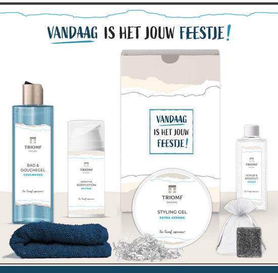 Foto: Geschenkset vandaag is het jouw feestje 6 producten 800 gram triomf original giftset voor hem geschenk speciaal voor jou luxe wellness cadeaubox cadeau set man vriend collega cadeaupakket verjaardag jubileum afscheid pensioen blauw