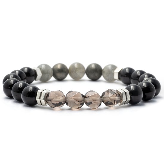 Bixorp Gems Labradorite + Pyrite + Onyx + Bracelet de pierres précieuses en quartz fumé - 8 mm / 18 cm - Bracelets de perles de pierres précieuses Om & Om