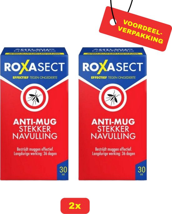 Twee verpakkingen Roxasect anti-mug stekker navulling met rode en blauwe vlakken. Een rood label zegt 'Voordeelverpakking'.