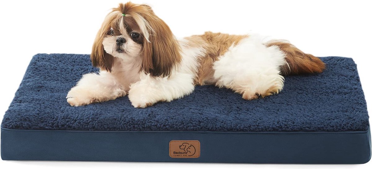 Bedsure Orthopedisch hondenkussen, mat voor middelgrote honden, afmetingen 76 x 51 x 7,6 cm, hondenbed van schuimstof met pluche overtrek, wasbaar, marineblauw