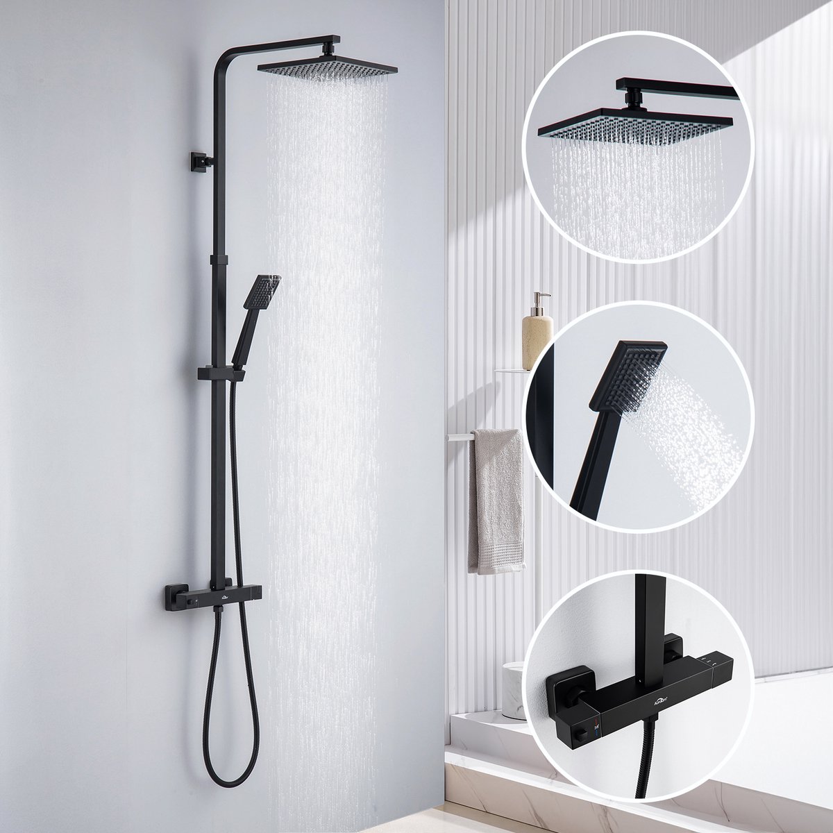 Auralum Max Regendouche Met Thermostaatkraan - Doucheset Zwart - Douche Regendoucheset - Vierkant met Handdouche - Regendouchekop - Waterbesparend - Zwart